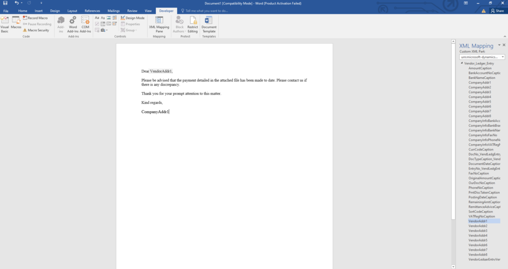 creating word template for email body of sending vendor remittance in business central.