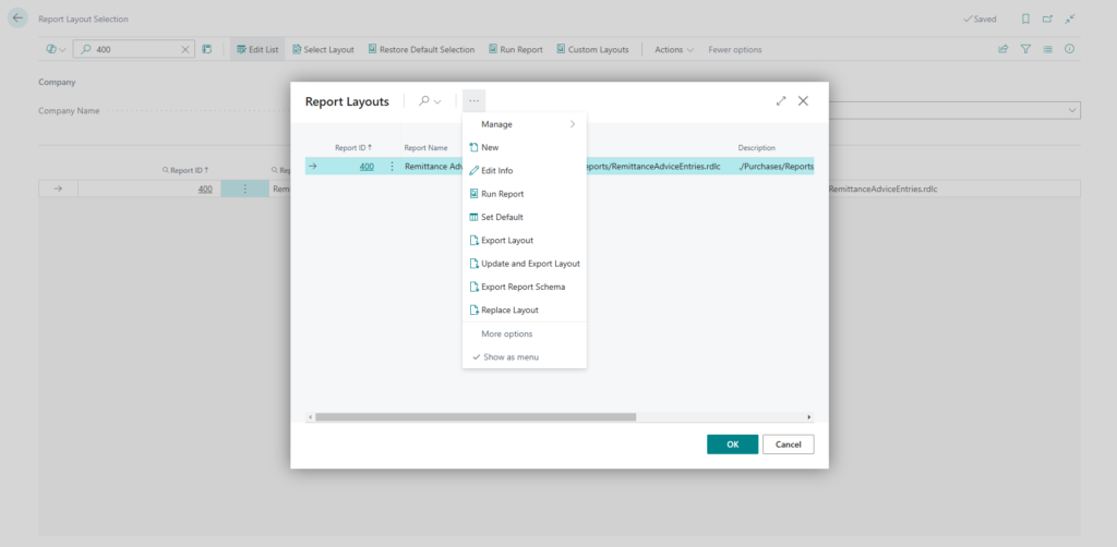 Report Layout Selection for exporting report schema for customizing Vendor remittance advice email body.