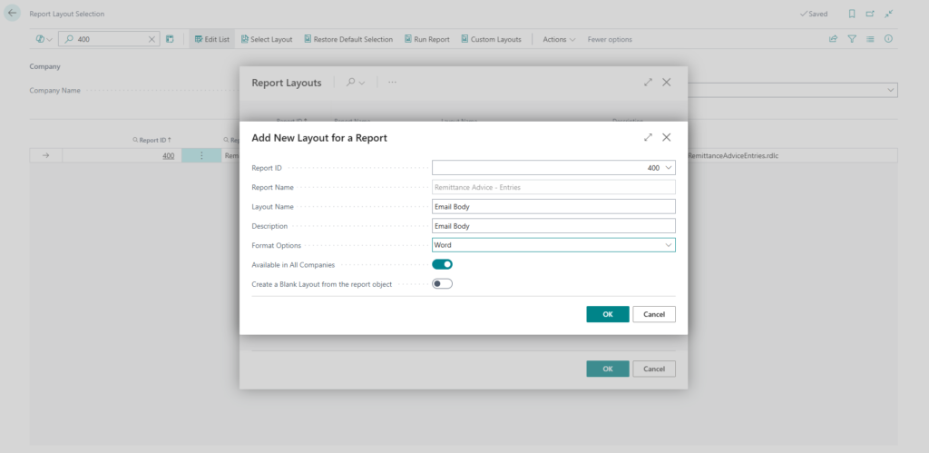 configures a new Email Body layout for Remittance Advice