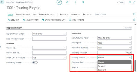 selecting flushing method in Item Card