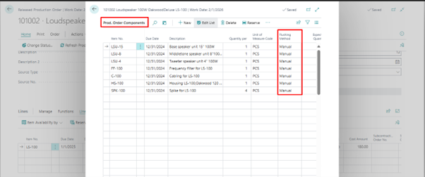 Flushing Methods Appearing on Production Order Components Sheet