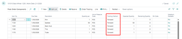 checking the production order component page - Forward Flushing method in Business Central