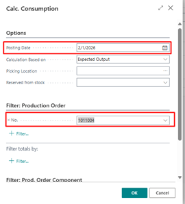 Selecting Posting Date & Production Order Filters for Calculating Consumption