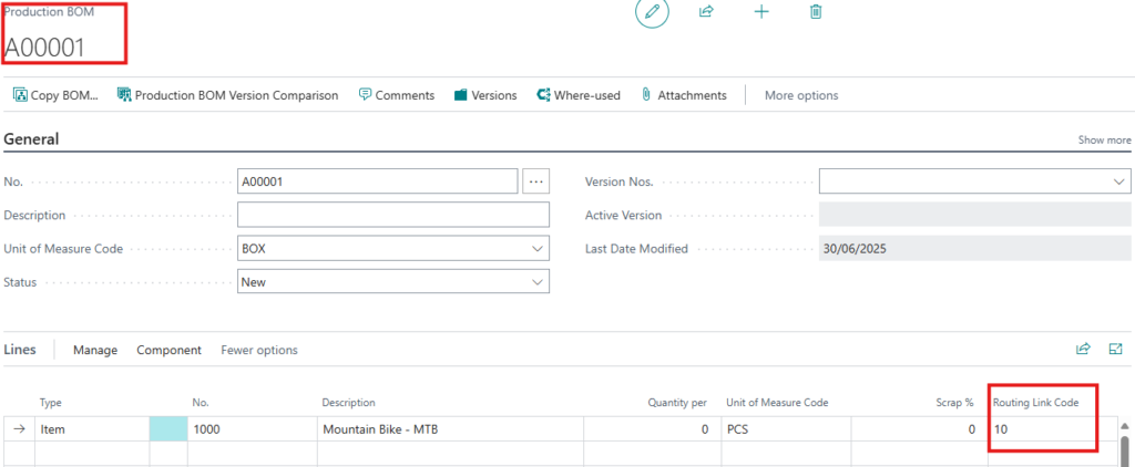 Assign Routing link code to BOM Components