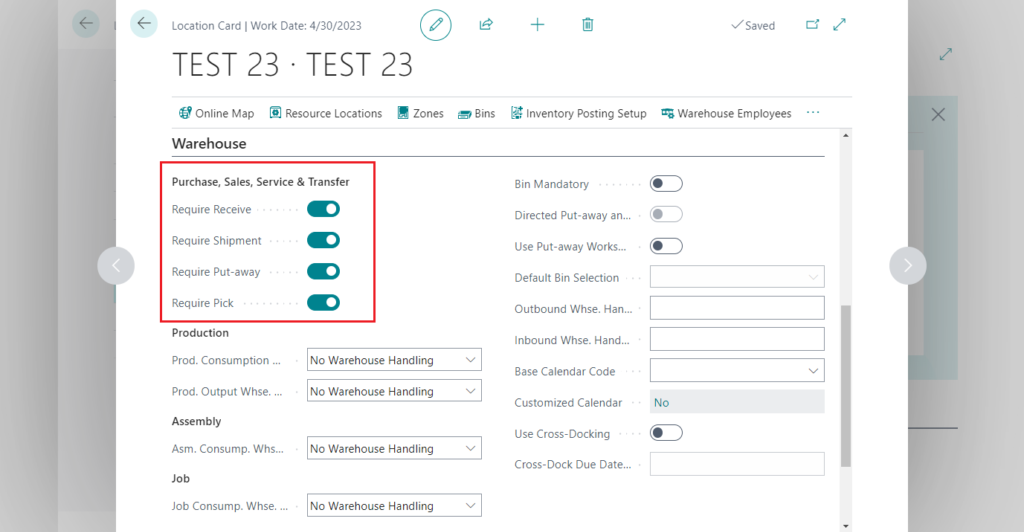 Dynamics 365 Business Central warehouse management - Location Card settings