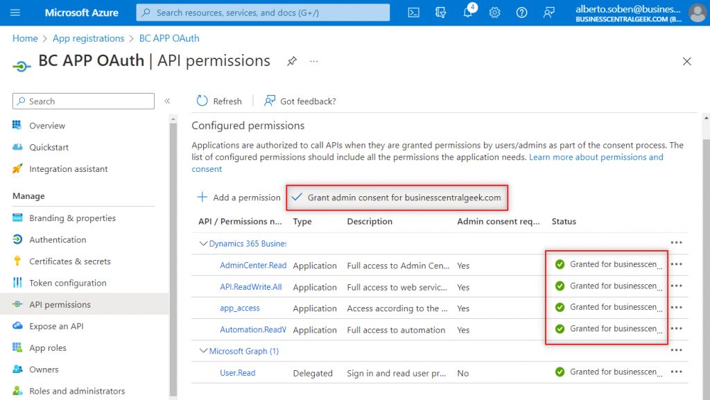 Grant Admin Consent for API Permissions