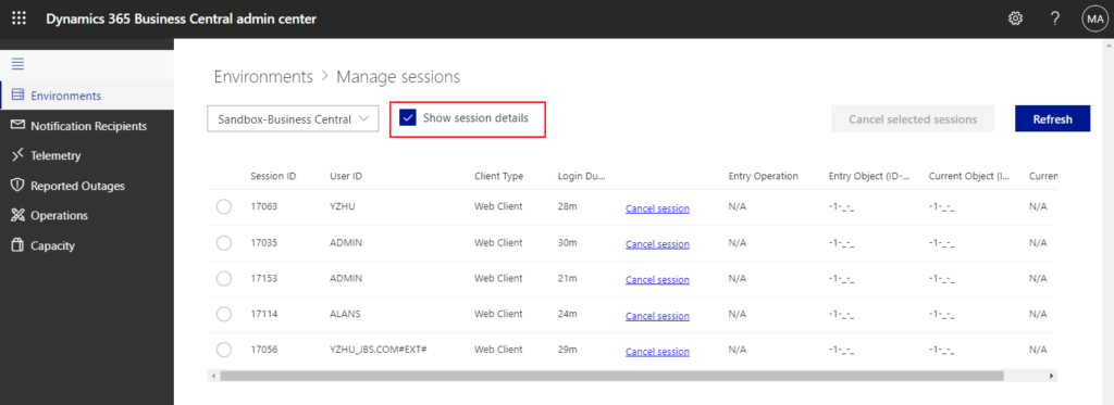 Cancel sessions of login users in business central via Business Central Admin Center