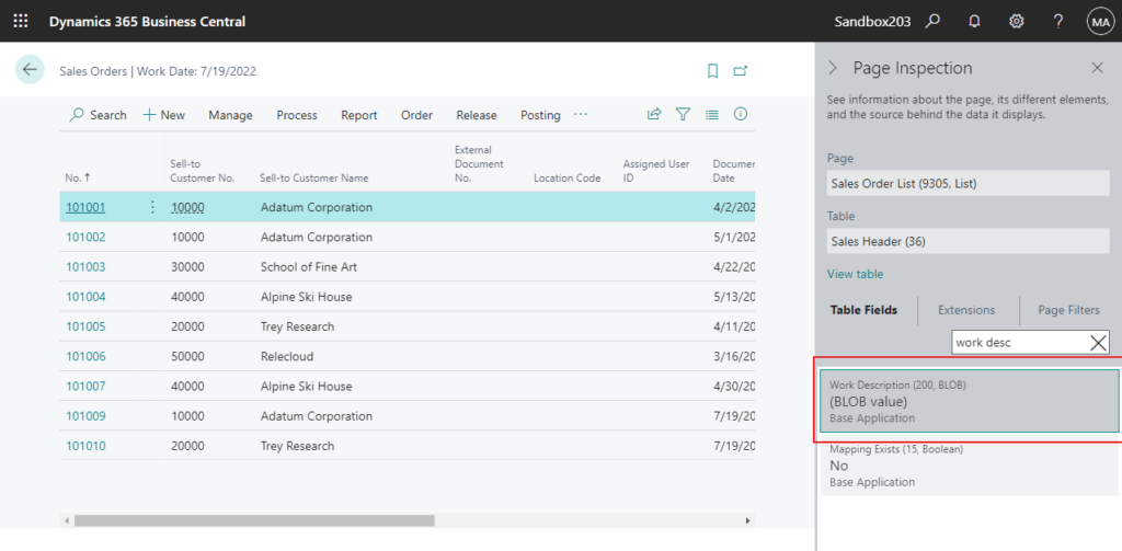 Work Description field is not a simple text field in Business central. Instead, its data type is a Blob.