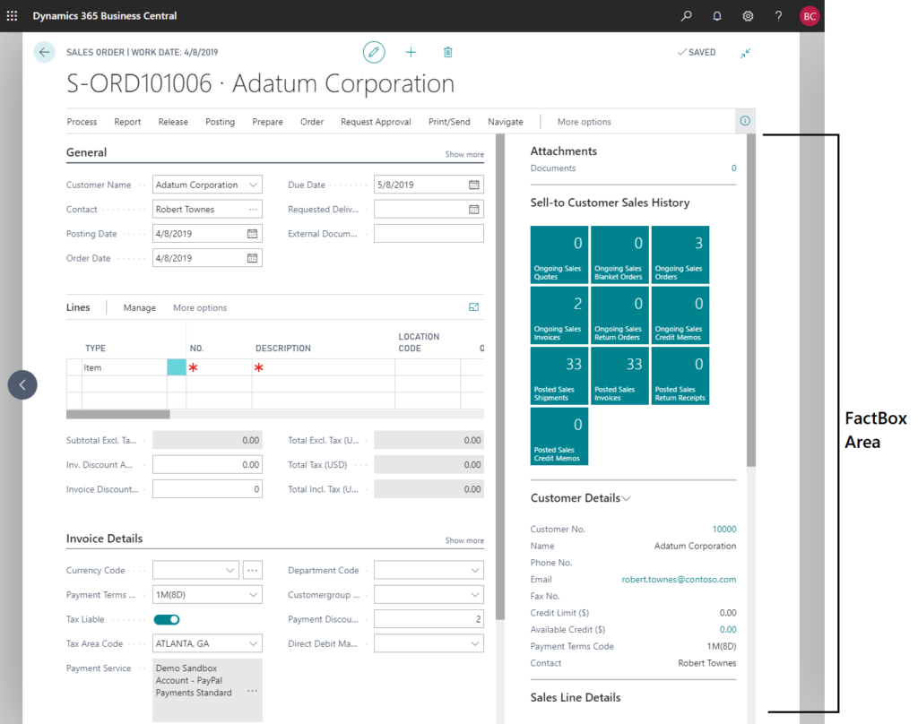 FactBox area in business central