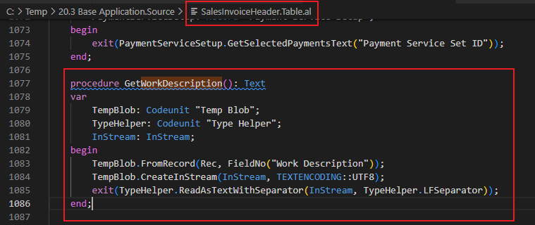 GetWorkDescription() built-in helper function that already exists on the Sales Header table